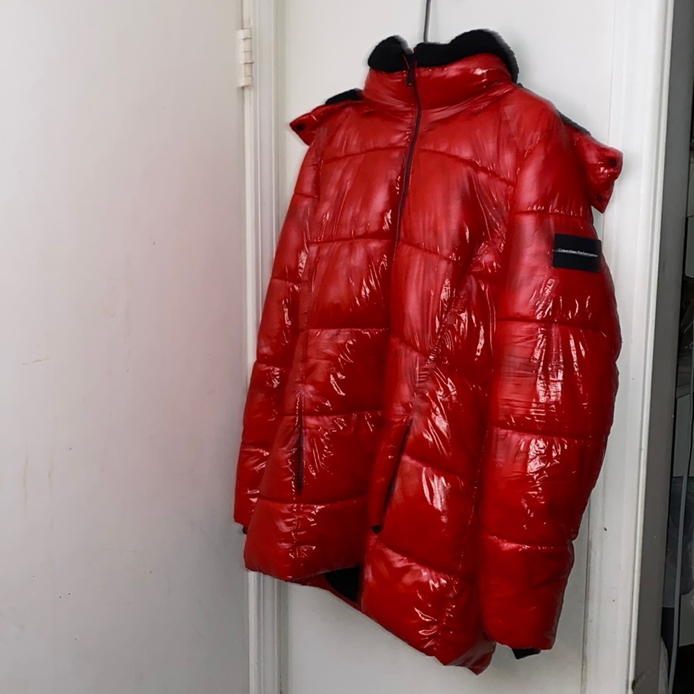Red Calvin Klein puffer jacket